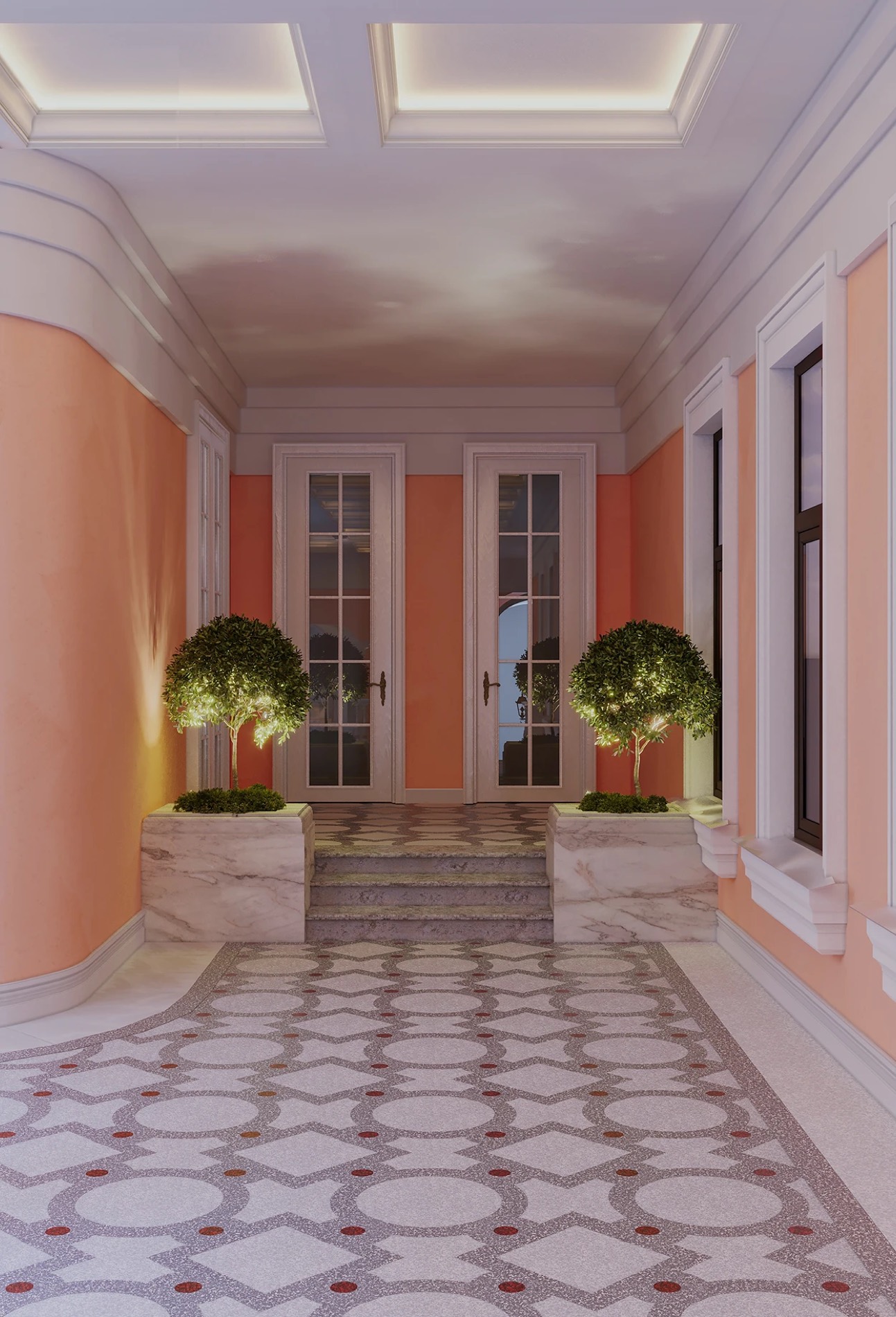 Крытый проход к входу с мозаичным полом